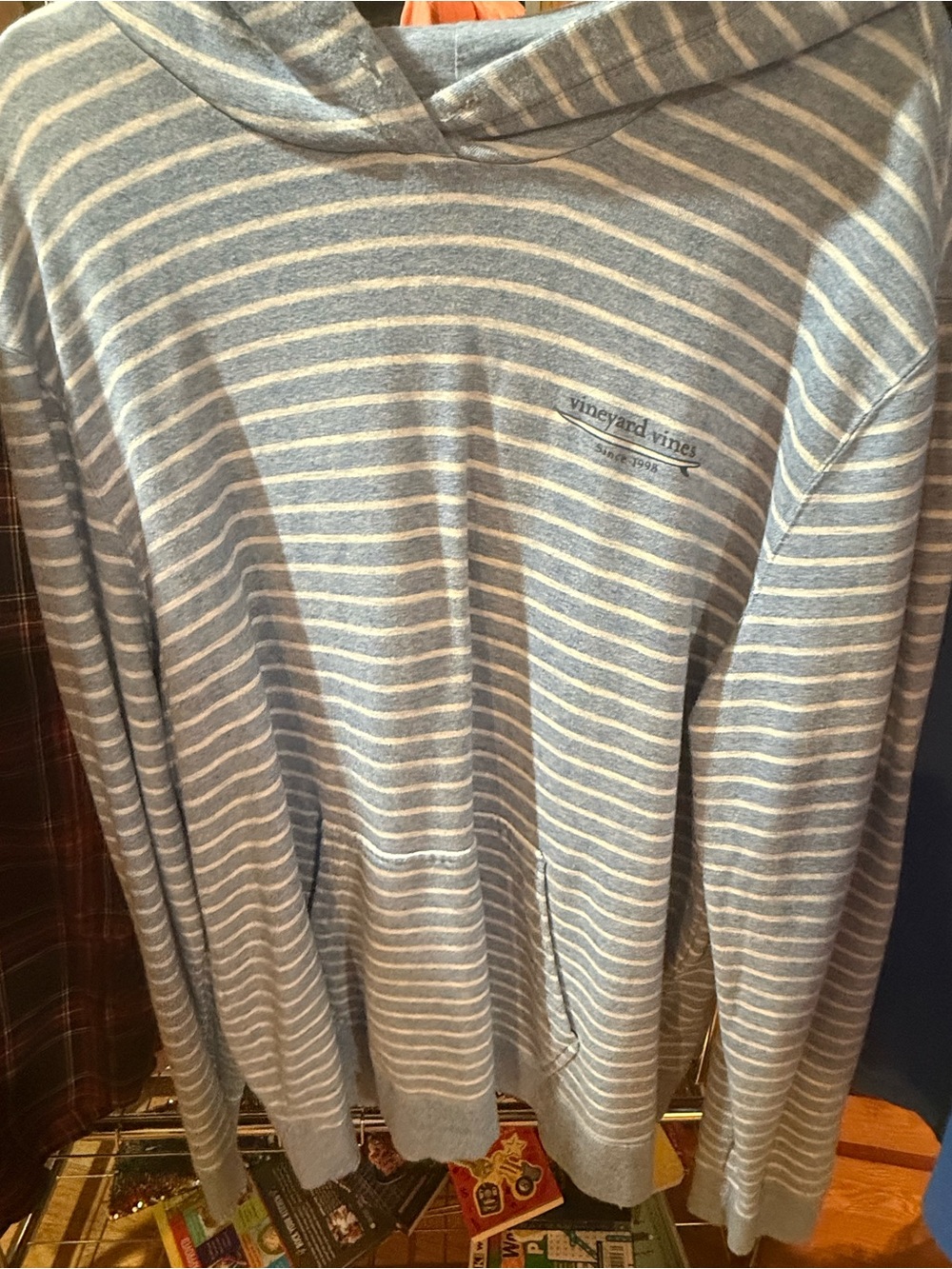 Vineyard Vines Blue and White Striped Logo Hoodie